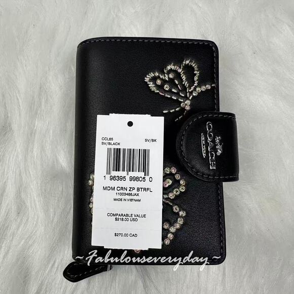 Coach Medium Corner Zip Wallet With Butterfly Print In Leather/Black CCL65 NWT - Picture 3 of 5